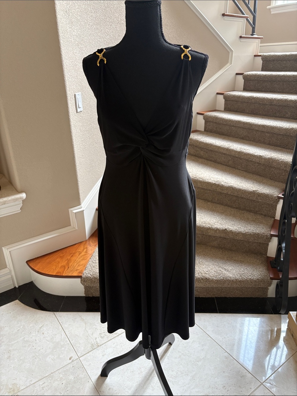 Jones New York Black Midi Dress with Gold Shoulder Accents